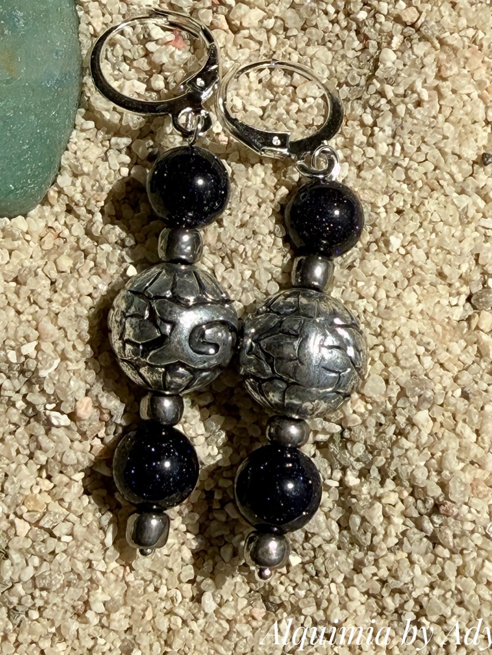 Sandstone Silver and Black Bead Drop Earrings